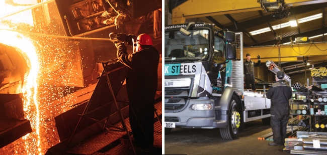 A split photo of a steel foundry and steel stock being loaded onto a truck