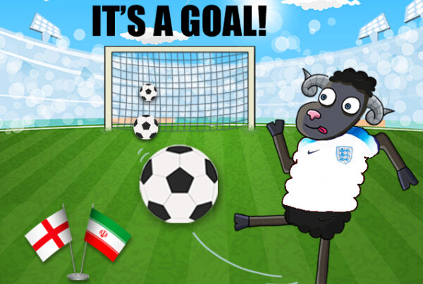 Illustration of OTIF black sheep kicking football into net at World cup match 2022 England versus Iran