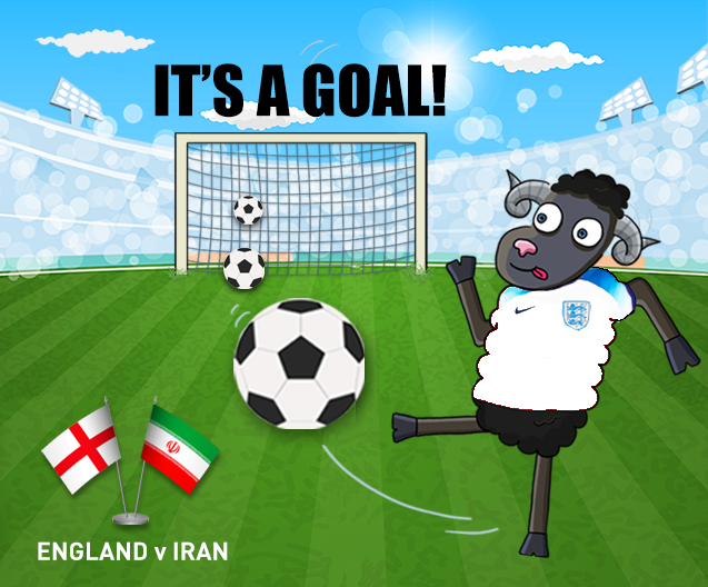 Illustration of OTIF black sheep kicking football into net at World cup match 2022 England versus Iran