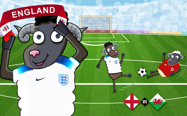 Illustration of OTIF black sheep cheering on England in England versus Wales game