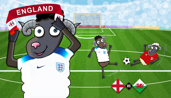 Illustration of OTIF black sheep cheering on England in England versus Wales game