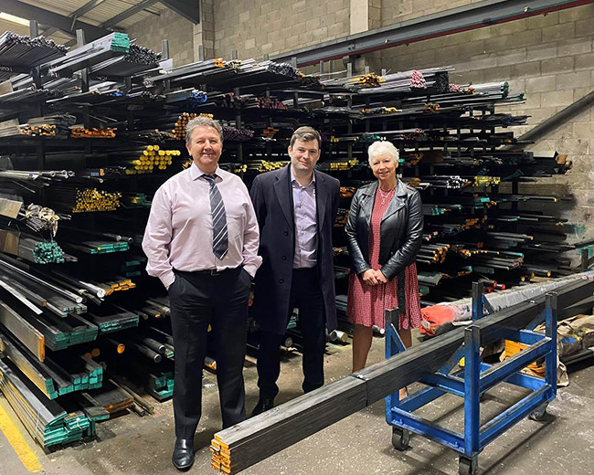 Photo of Mark and Anne Thornley with local MP Robert Largan at High Peak Steels