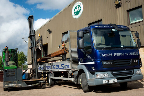High Peak Steels truck being loaded with steel bars