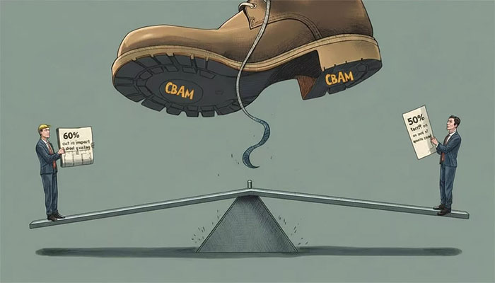Cartoon depicting the CBAM tariffs set to hit the UK in 2027