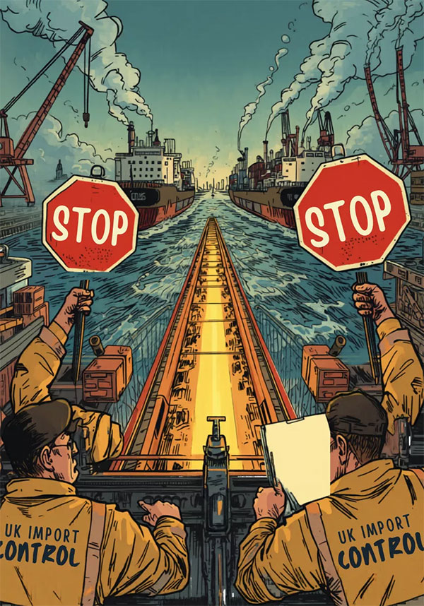 Cartoon depicting steel import controls for 2026
