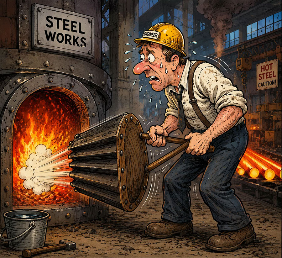 Cartoon of a steel worker fanning a furnace